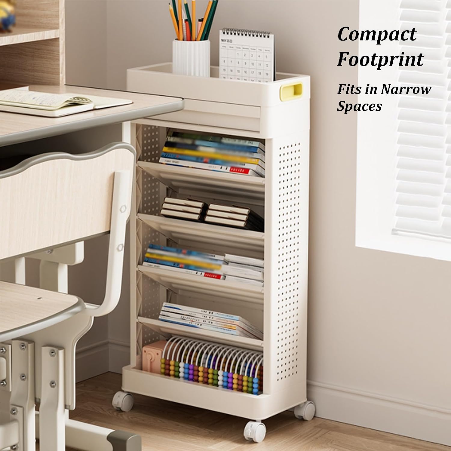 7 Tier Rolling Book Cart, Mobile Bookshelf with Wheels,Sloping Shelf Design, Rolling File Storage Paper Organizer with Drawers & Hook Up for Study Office Bedroom