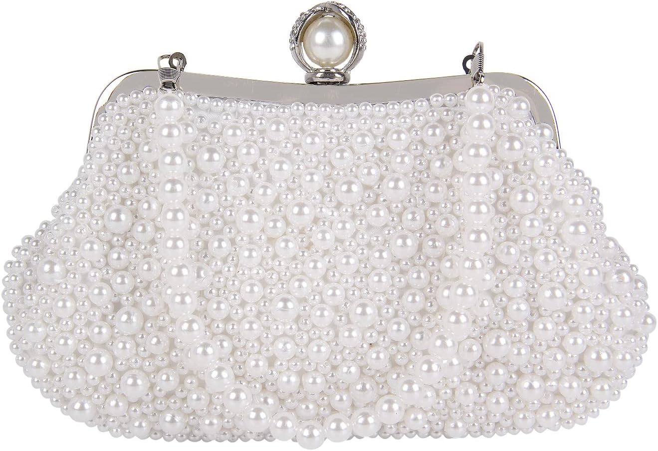 Oweisong White Pearl Clutch Purses for Women Wedding Bride Pearl Evening Bag Party Clutch Wallet Tote Handbag