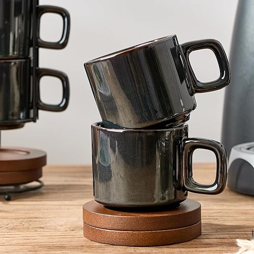 Miniatura 35 de LUKA Taza de café expreso de porcelana con platillo y soporte de metal, 4 onzas líquidas apilables de cerámica Demitasse Espresso tazas para café