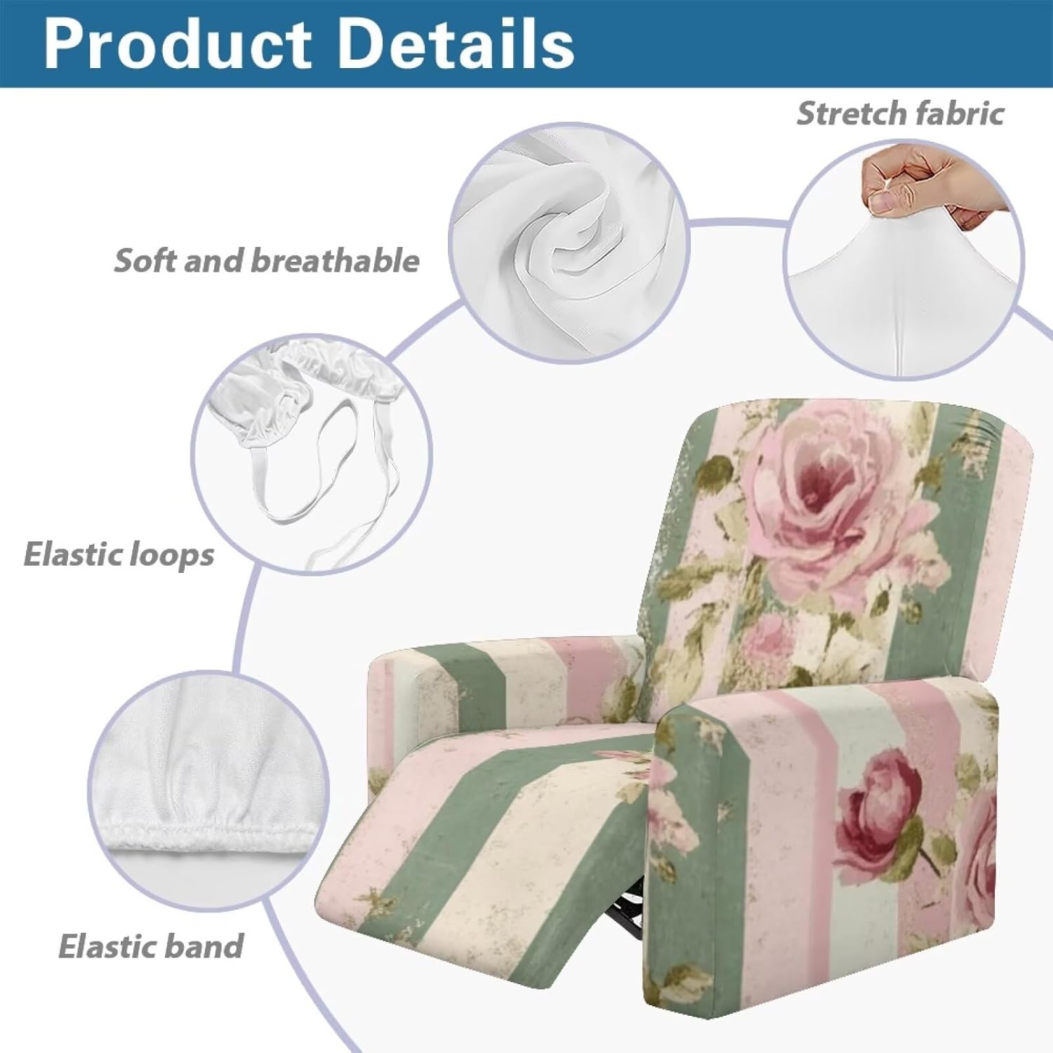 Pink Green Stripe Rose Recliner Chair Covers Lazy Boy Recliner Covers Stretch Couch Cover Slipcovers 4 Piece Furniture Protector with Elastic Bottom for Living Room Decor