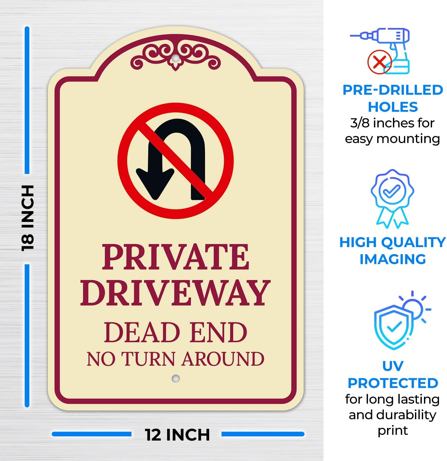 Private Driveway Dead End No Turn Around Décor Sign, Burgundy Light, 12x18 Inches, ACM, Fade Resistant, Made in USA