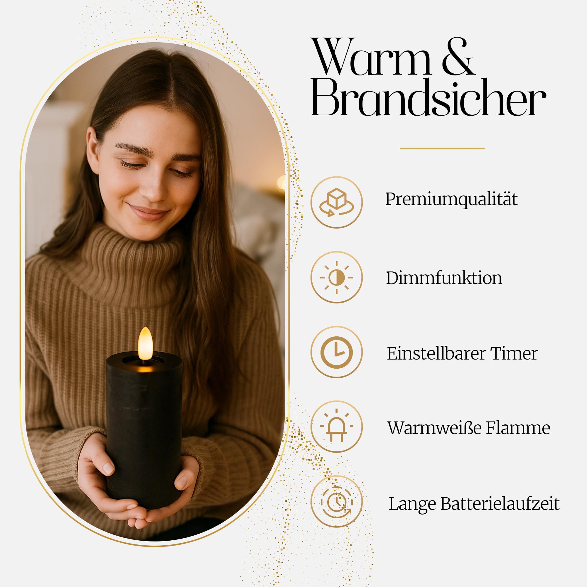 Meisterhome® LED-Kerzen 5er-Set Flammenlos Schwarz – Ø7 cm, Höhen 10/12,5/15 cm – Stumpenkerzen mit Fernbedienung & Timer – warmweißes Licht – flackernde Flamme – Rustik-Design – batteriebetrieben