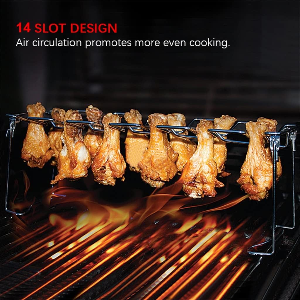 JSEIAJB BBQ Grill Rack 14 Slots Stainless Steel Barbecue Drumsticks Holder Oven Roaster Stand with Drip Pan Tools(E)