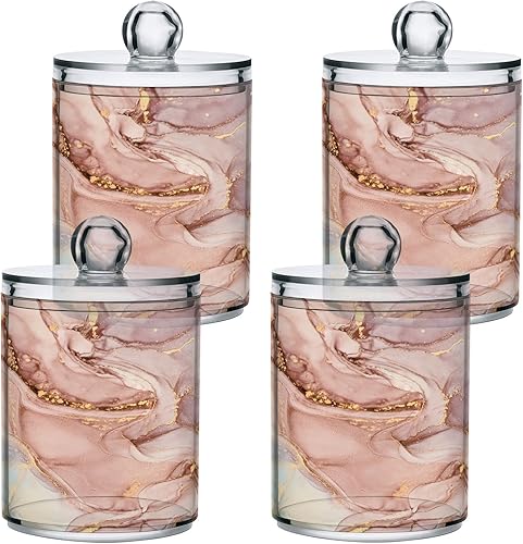 Miniatura 2 de Dispensador de soporte Qtip con textura de mármol dorado con tapas, juego organizador de almacenamiento de baño, tarros transparentes de boticario,