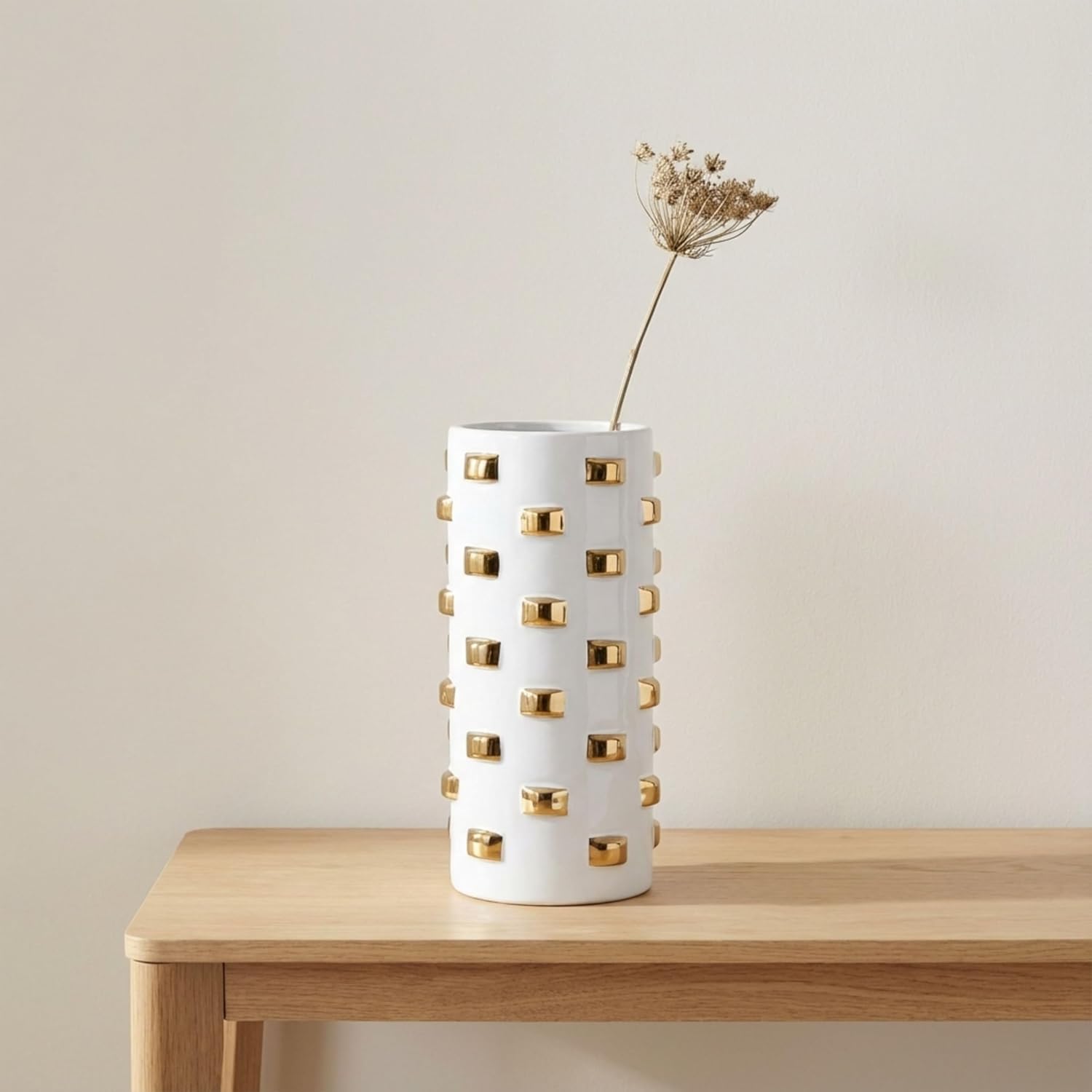 Elegant Ceramic Cylinder Vase with Accents for Living Room Decor and Home - Decorative Flower Vase for Room, Bedroom, or Office Display - Ideal for House and Table Styling - 11", White & Gold