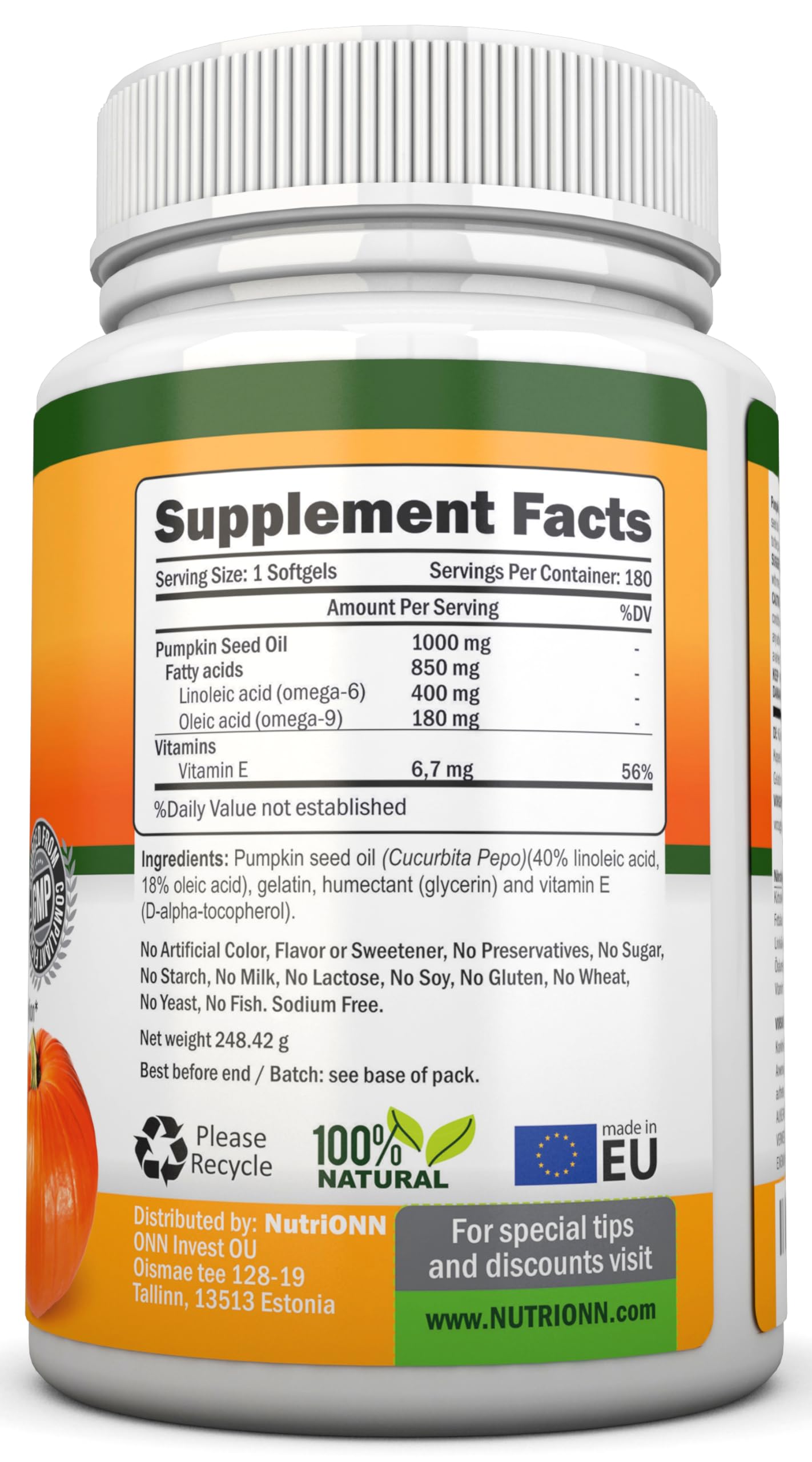 Kürbiskernöl - 1000MG - 180 Softgel Kapseln - Kaltgepresstes natürliches Kürbiskernöl - natürliche Quelle essentieller Fettsäuren - ideal für Haarwachstum, Prostatagesundheit und Gelenksentzündungen