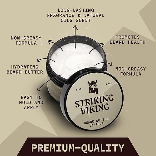 Miniatura 5 de Striking Viking Mantequilla para barba  Crema hidratante no grasa con ingredientes naturales (vainilla, 4 onzas)  Mantén tu barba hidratada y