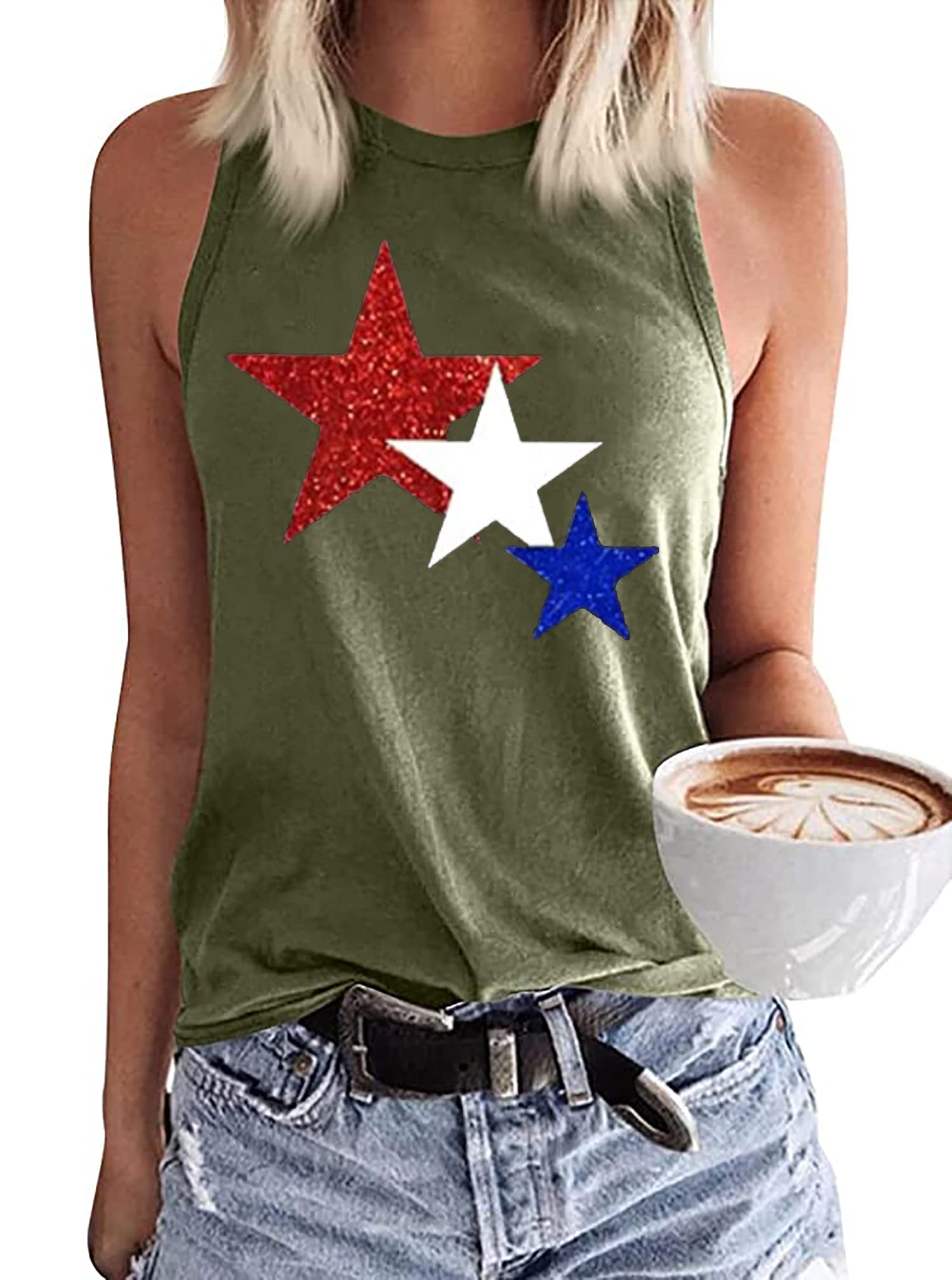 Susongeth American Flag Tank Tops Women July 4th Red White Blue Stars Glitter Patriotic Shirt Independence Day Tank Vests