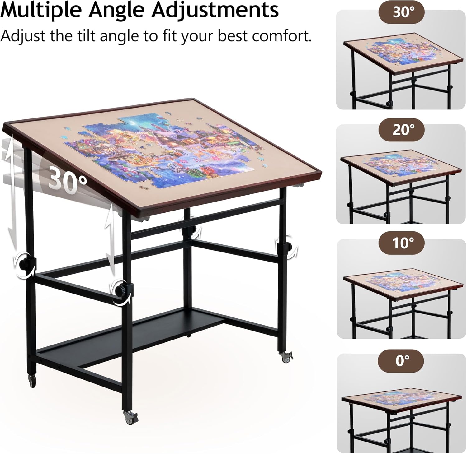 LAVIEVERT 1500 Piece Tilting Puzzle Table with 5 Colored Drawers & Cover, Angle & Height Adjustable Puzzle Board with Storage Shelf, Portable Wooden Table with Legs & 4 Wheels for Adults