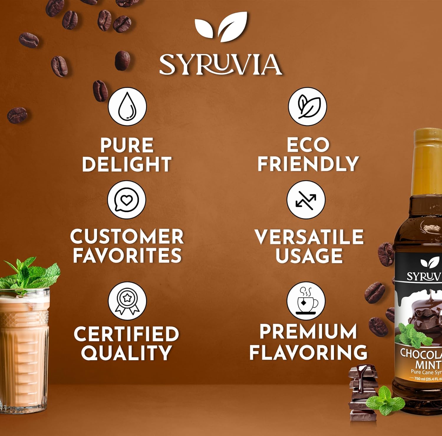 Chocolate Mint Syrup by Syruvia 6-Pack, 25.4 fl oz, Wholesale Coffee Syrup Shops, Cafes, Baristas, Bistros, & Beverage Bars, Bulk Kosher & Gluten-Free