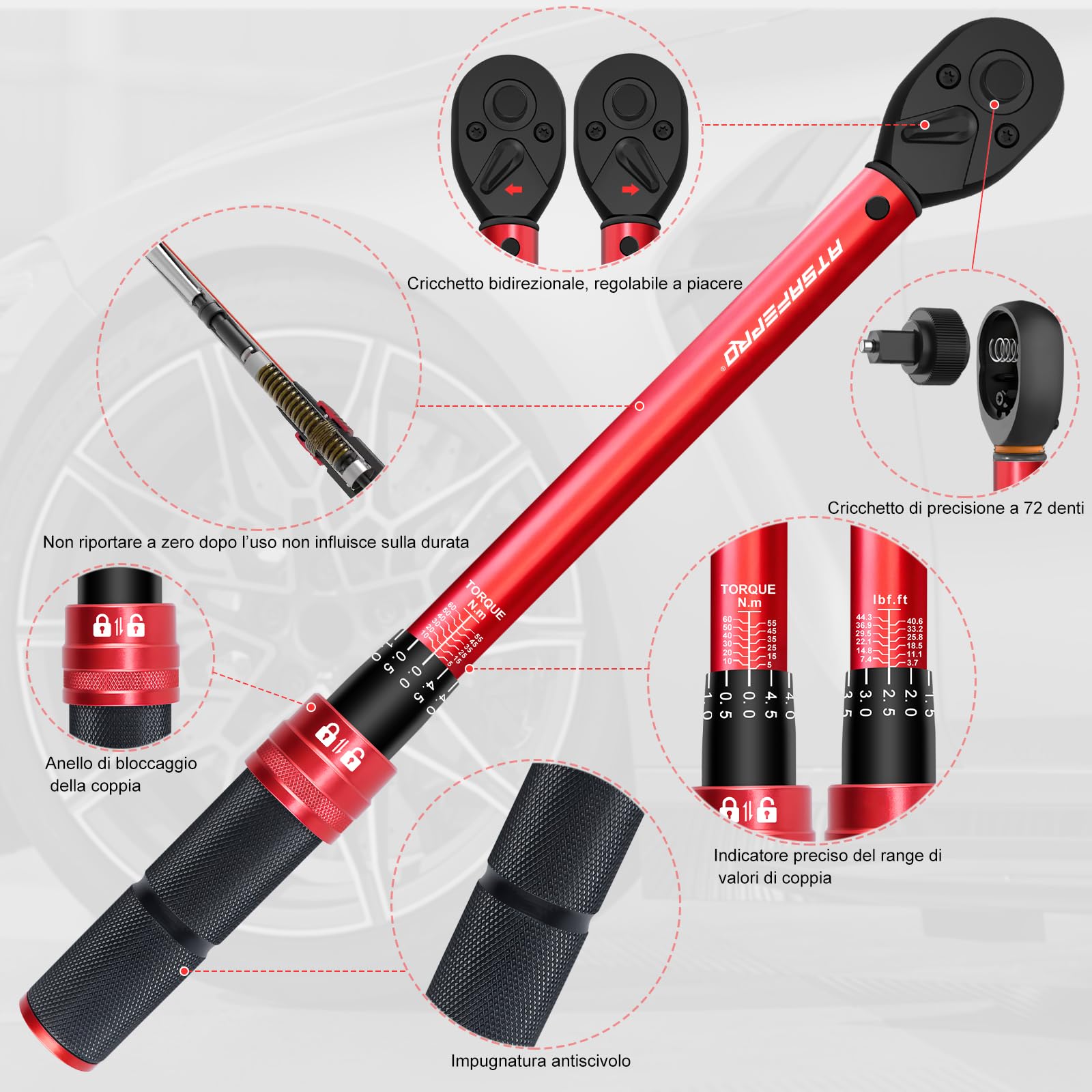 ATsafepro Chiave Dinamometrica 3/8",5-60 nm Chiave Dinamometrica con Adattatore 3/8" A 1/4"&1/2" E Prolunga da 15 cm,Precisione ±3%,Testina A Cricchetto Reversibile,per Auto,Bici,Moto