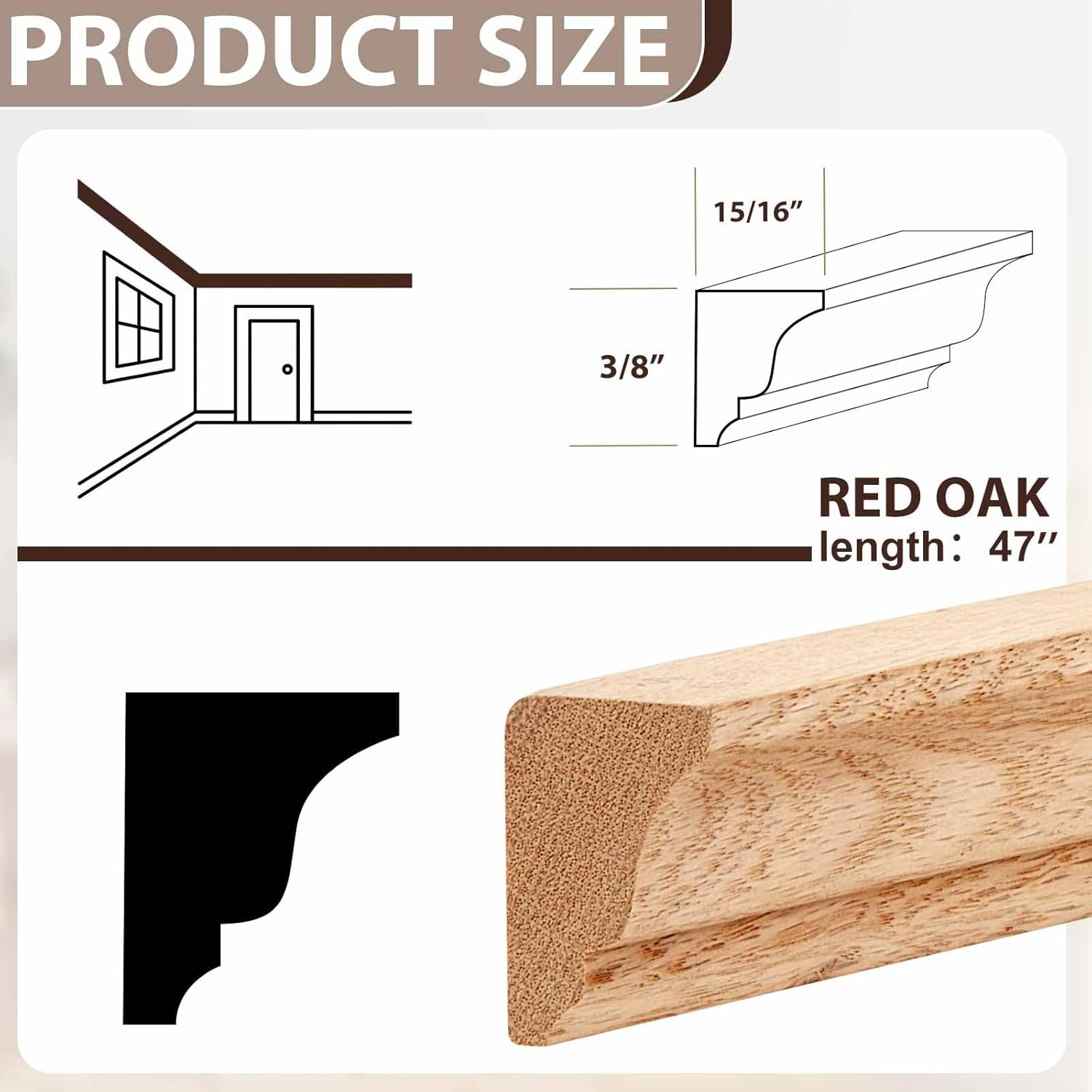 DoubleFill 2 Pack Solid Red Oak Crown Molding Trim, 1-3/8" H x 1" D x 47" L (94" Total), Real Wood Decorative Ceiling Trim for Cabinets & Furniture, Unfinished & Stainable, Easy Install