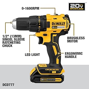 DEWALT 20V MAX Cordless Drill Driver Set, Electric Drill, Brushless 1/2 In 2 Speed, 2.0 Ah Battery and Charger Included, LED Light (DCD777D1)