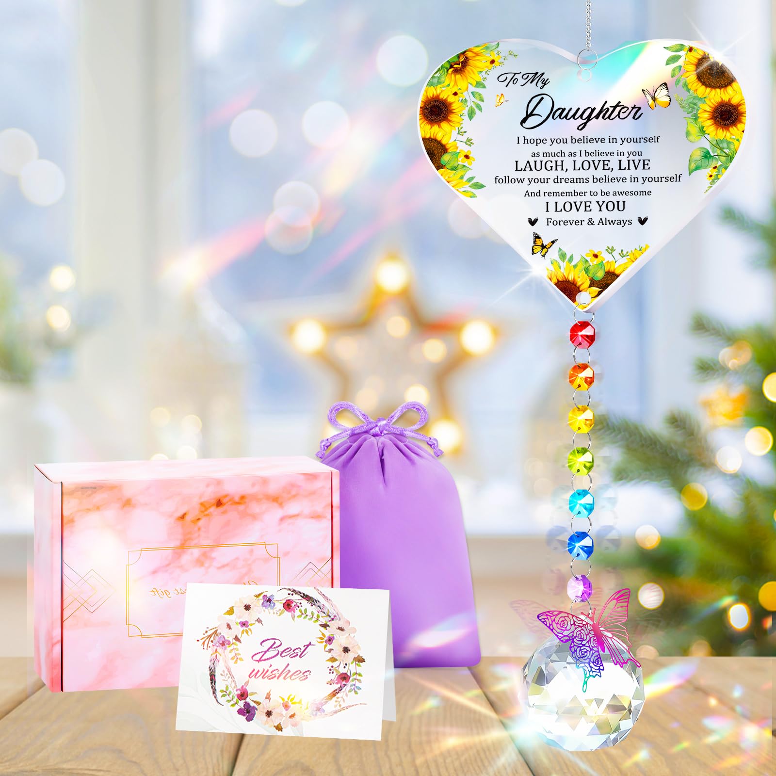 Focxoio Daughter Gifts from Mum Dad Crystal Heart-Shaped SunCatchers, To My Daughter Birthday Christmas Graduation Gifts Present with Box and Message Card