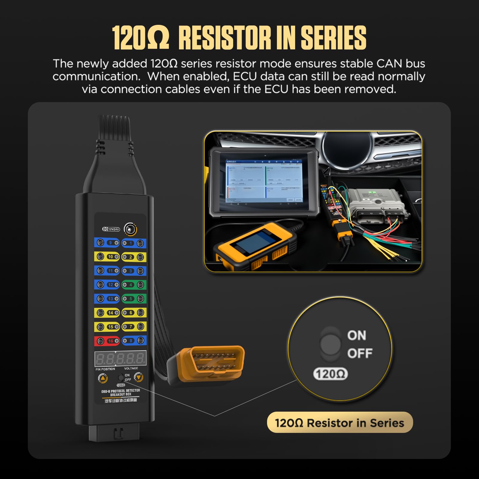 OBD2 Breakout Box, 16-Pin OBD II Protokoll Detektor, CAN Bus Schnittstelle mit Spannungsanzeige, LED Statusleuchten, 120 Ohm Widerstand, ECU Memory Saver, fur 12V und 24V Fahrzeuge