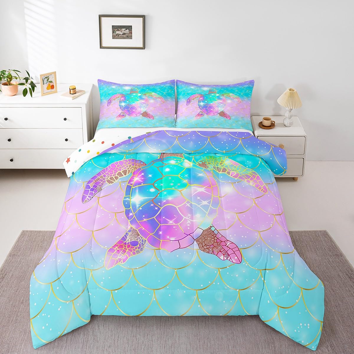 Erosebridal Mermaid Scales Comforter Set for Girls, Tortoise Reptile Bedding Set Twin Size, Sea Turtle Ocean Life Duvet Sets for Kids Children Boys