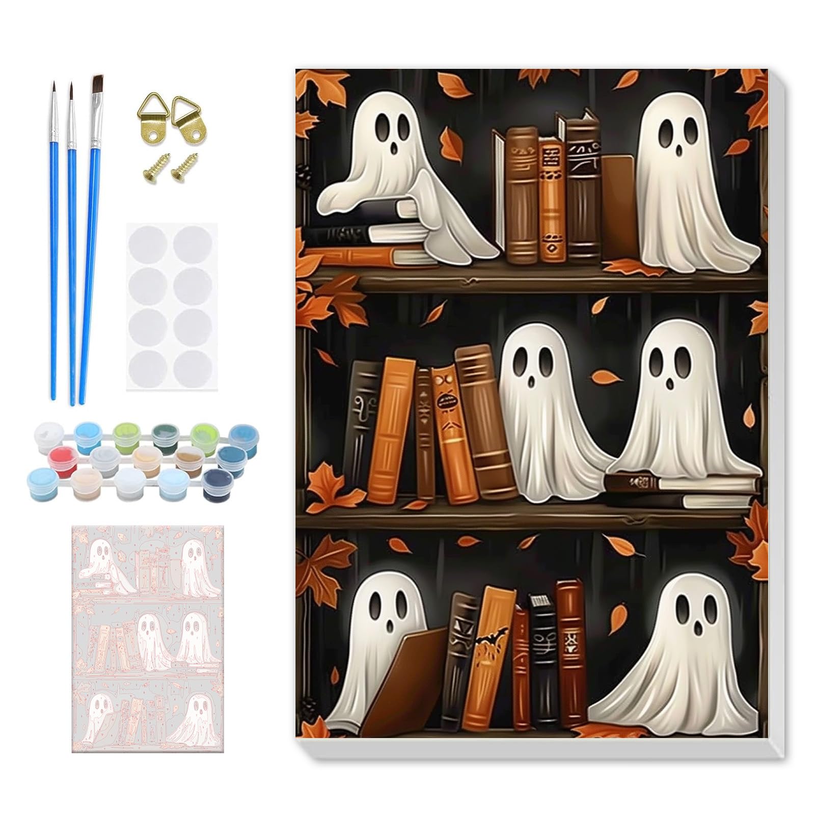 DOMROM Bookshelf Ghost Paint by Numbers Kit for Adults Beginner, Halloween Adult Paint by Number Kits on Canvas, DIY Acrylic Oil Easy Painting by Numbers for Home Wall Decor 8X12 inch (Book Ghost)