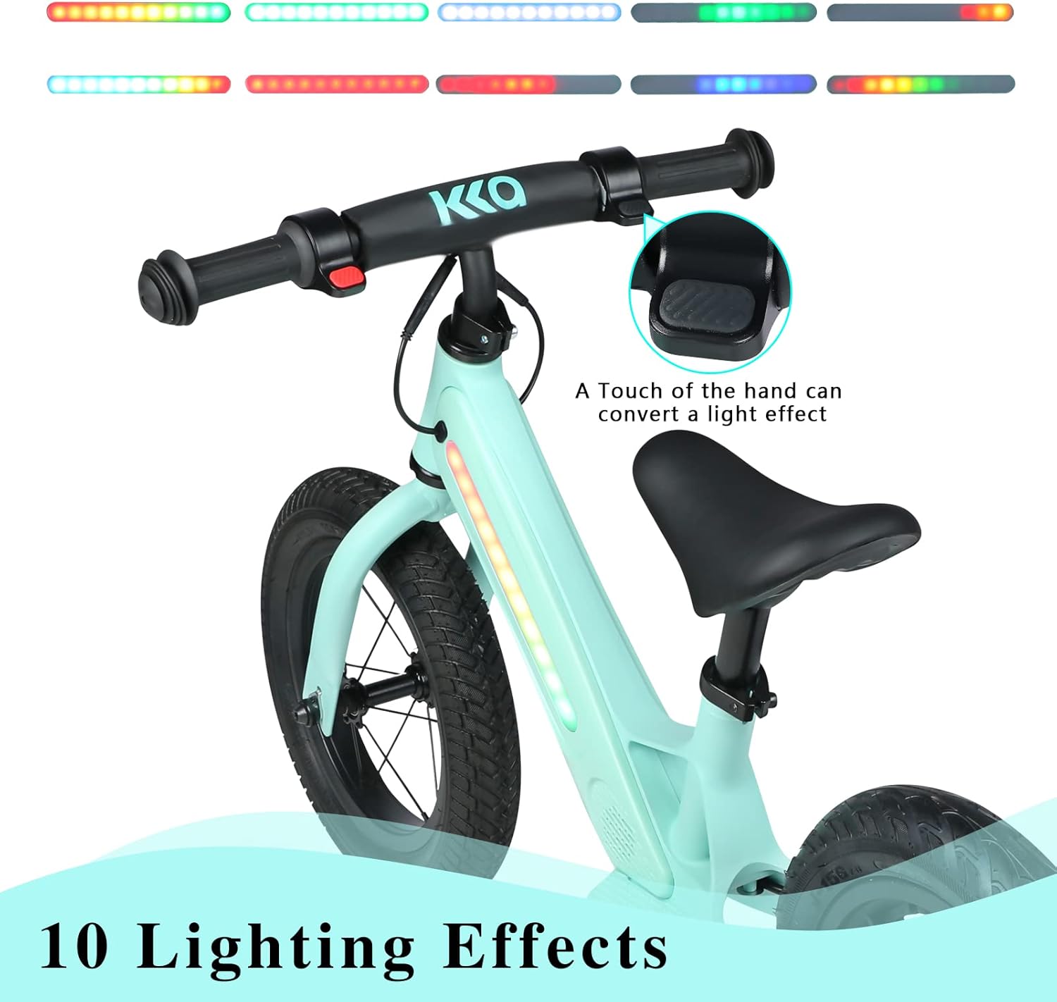 KKA B3 Electric Balance Bike showing 10 lighting effects and touch control