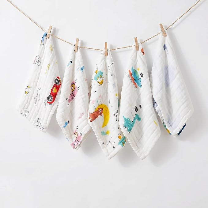 100% Organic Cotton Muslin Baby Wash Cloths| Soft Cotton Face Towels for Newborn, Ultra Absorbent Baby Wipes, Gentle Skin Friendly Burp Cloths 24 * 24 cm Pack of 5