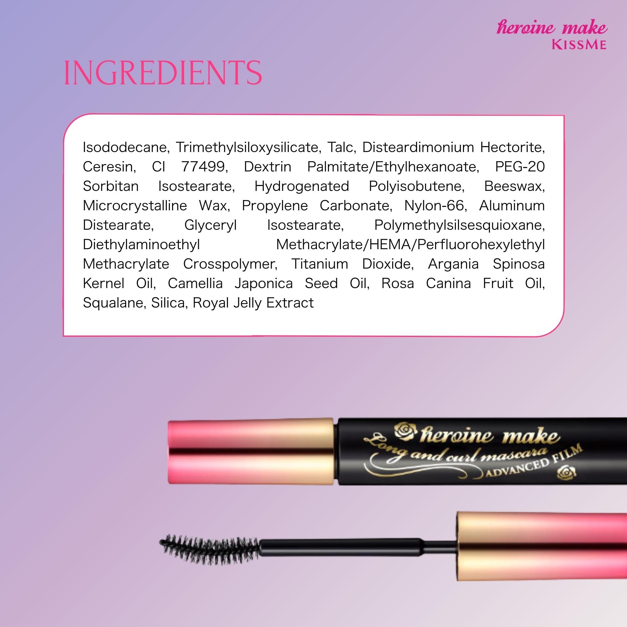HEROINE MAKE Kissme Mascara Volume & Curl Advanced Film, Tubing, Imperméable et Longue Durée, Volumisant et Bouclé, Brosse Courbe, 6 Sérums Naturels, Fabriqué au Japon 1 EA