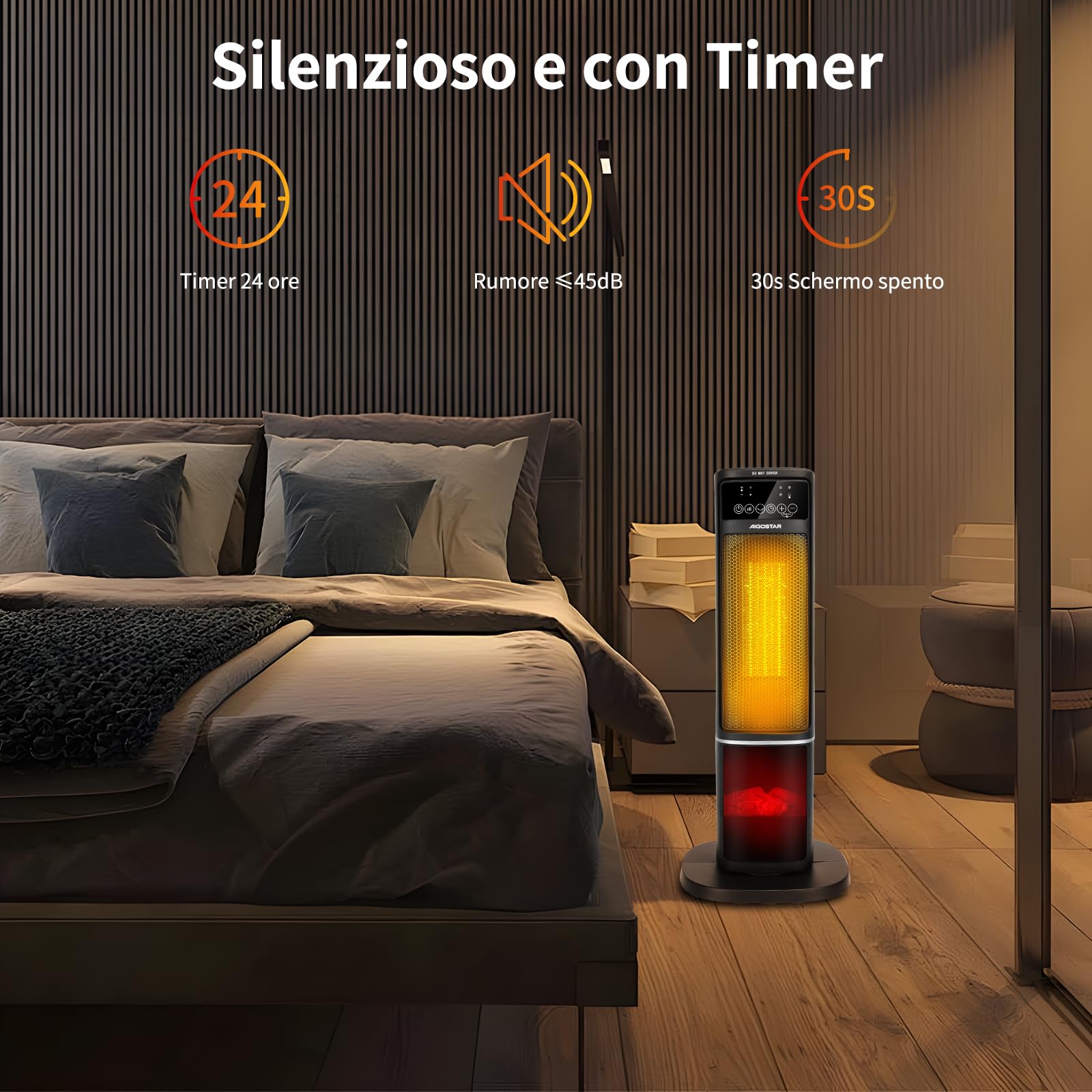 Aigostar Bert - Termoventilatore Ceramico Stufa Elettrica a Torre Silenziosa Riscaldatore elettrico con Telecomando 3 Modalità Termostato Regolabile, Timer 7.5h Oscillazione di 70 ° 2000W Nero