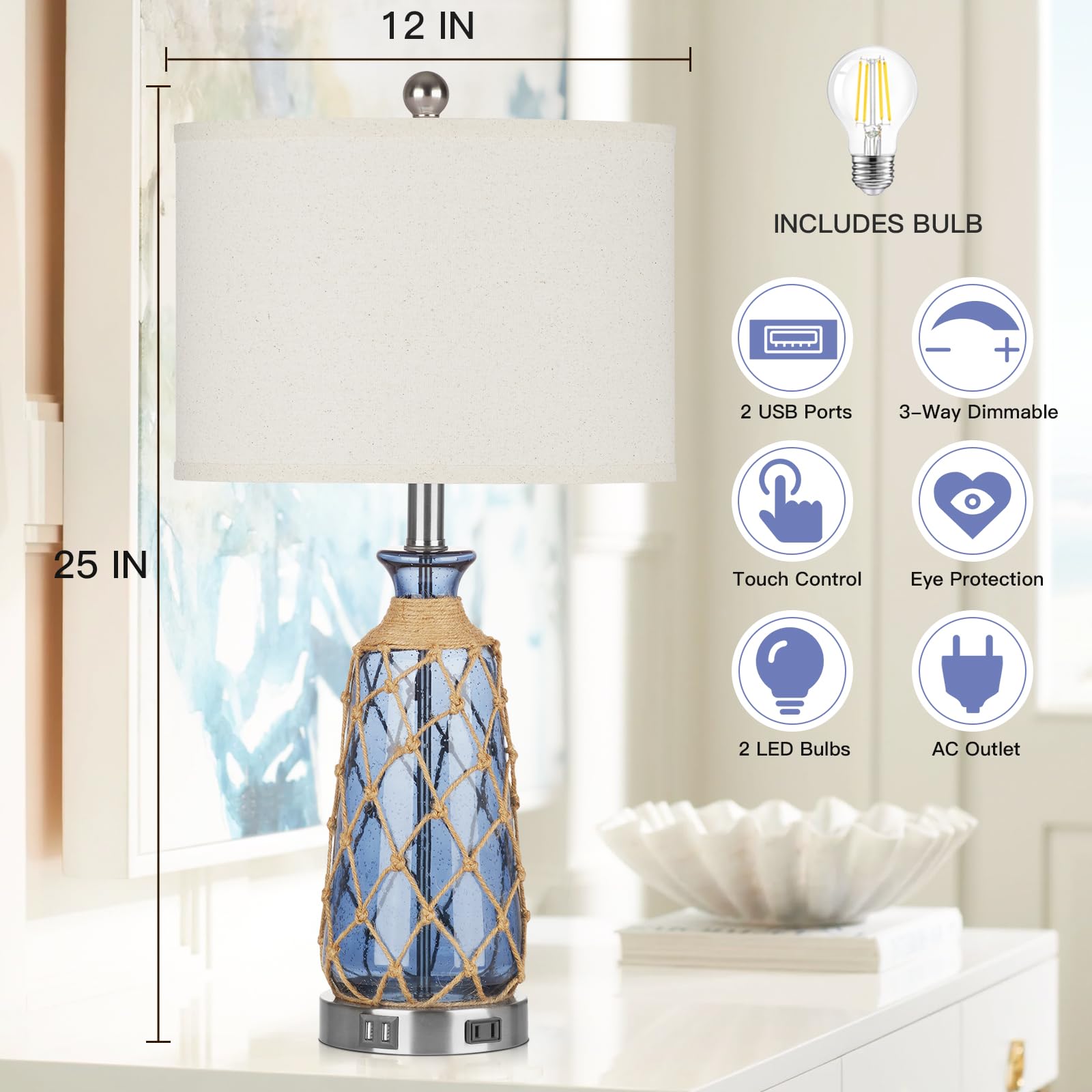 Ruzectt Coastal Glass Tischlampen, 3-Wege-Dimmbare Touch-Steuerung, Nachttischlampen mit 2 USB-Anschlüssen und AC-Steckdose, Blaue nautische Nachttischlampen für Schlafzimmer Wohnzimmer