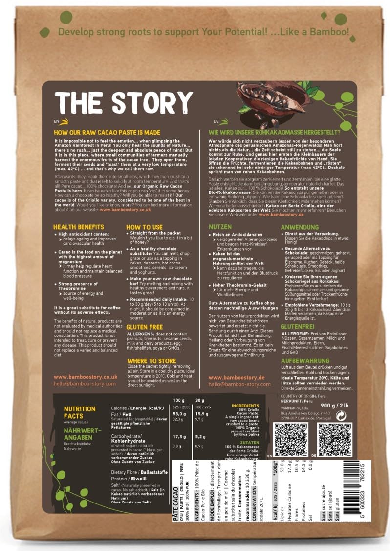Cru | BAMBOO STORY | Pâte de Cacao en palets | Criollo | Biologique | 100% Cacao | Sans sucres ajoutés | 900 g | Origine 100% Pérou