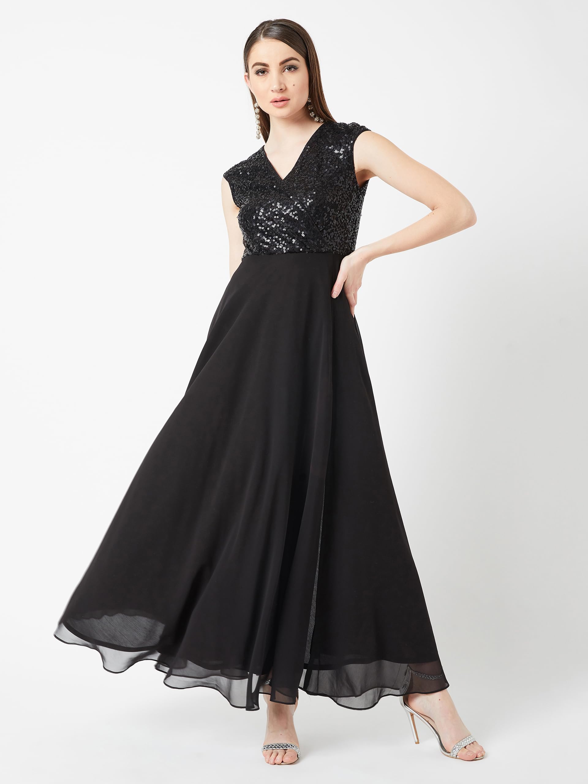 Miss Chase Women's Black V-Neck Cap Sleeved Solid Wrap Maxi Dress(Mcss20D06-10-62-03_Black_S)