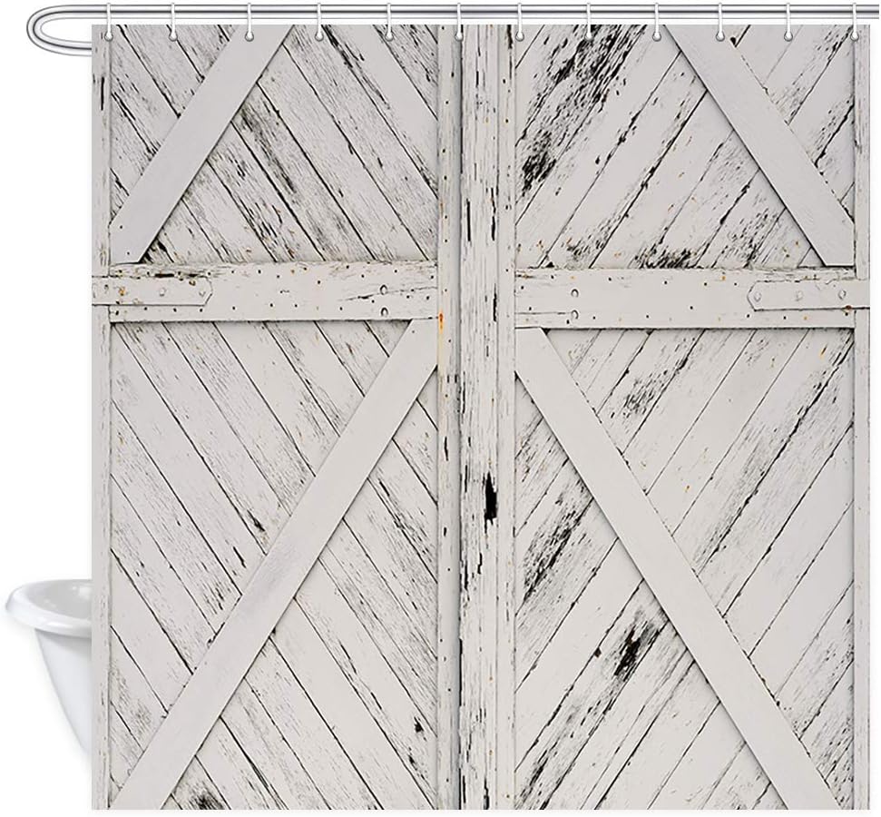 Old Wooden Doors Shower Curtain, Vintage Old Rustic White Painted Barn Wood Door Bath Curtains, Fabric Farmhouse Shower Curtain for Bathroom 12PCS Hooks 69X70 in Western Country Valance