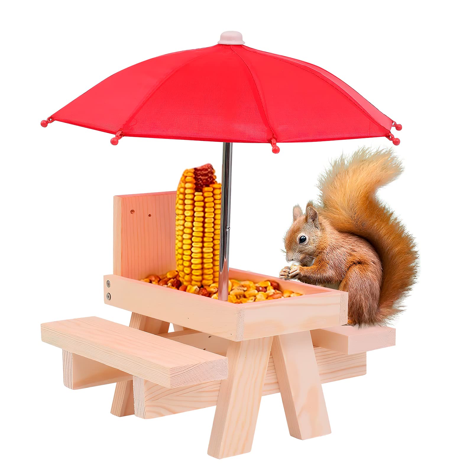 Muiltvoe Wooden Squirrel Feeder: Picnic Table with Umbrella, Premium Gift for Squirrel and Chipmunk Lovers, Outdoor Garden Ornament Bench Feeder