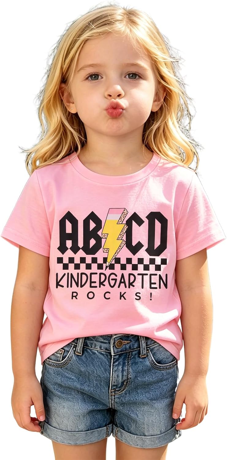 Toddler Girl First Day of School Shirt ABCD Kindergarten Rocks T-Shirt Back to School Tops Kindergarten Tee 4-5T