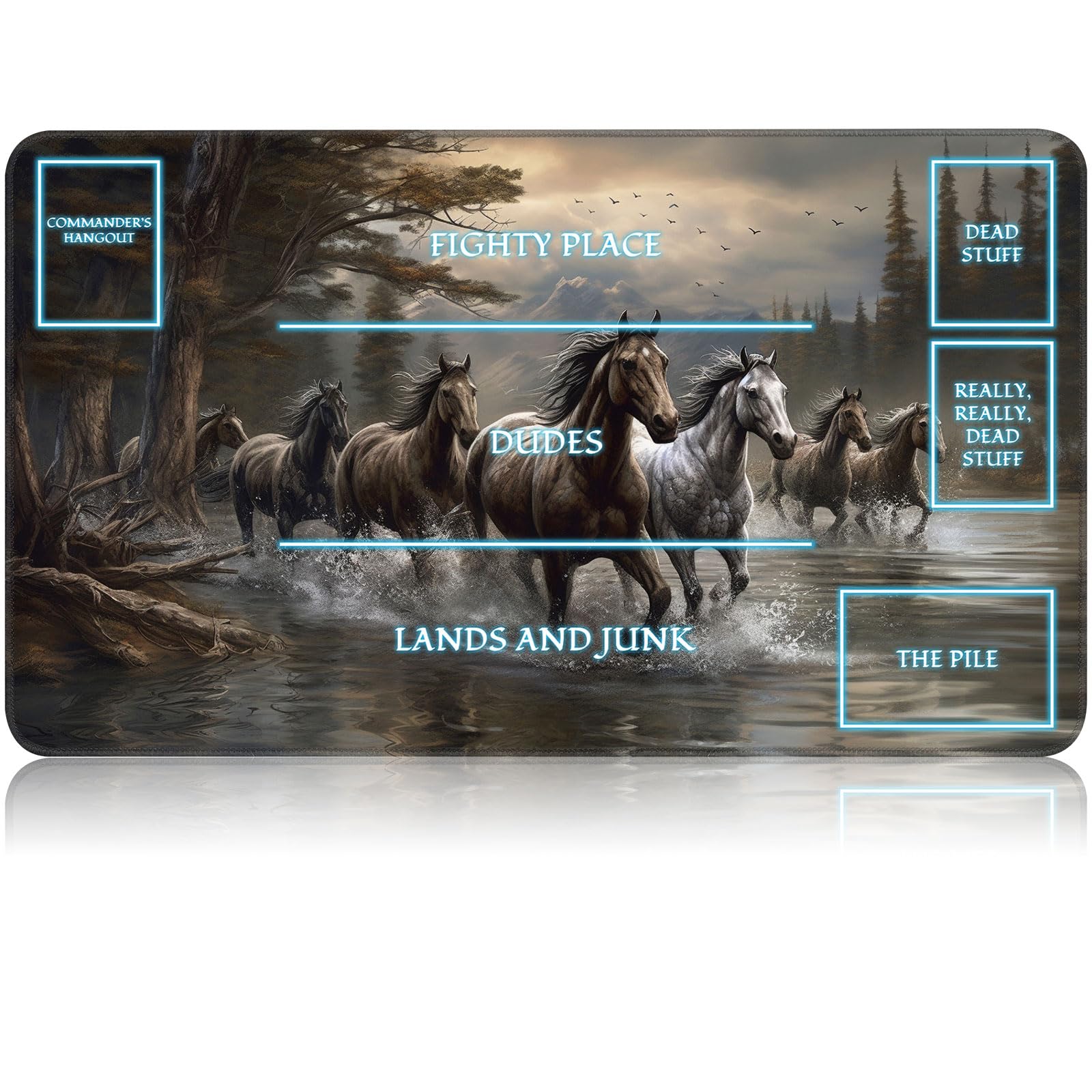 for MTG Game Playmat, for Magic TCG Rubber Play mat,Tabletop Card Playmats with Smooth Surface,Trading Card Inked Game Mat with White Zones,Battle Game,Horses in River — image 1