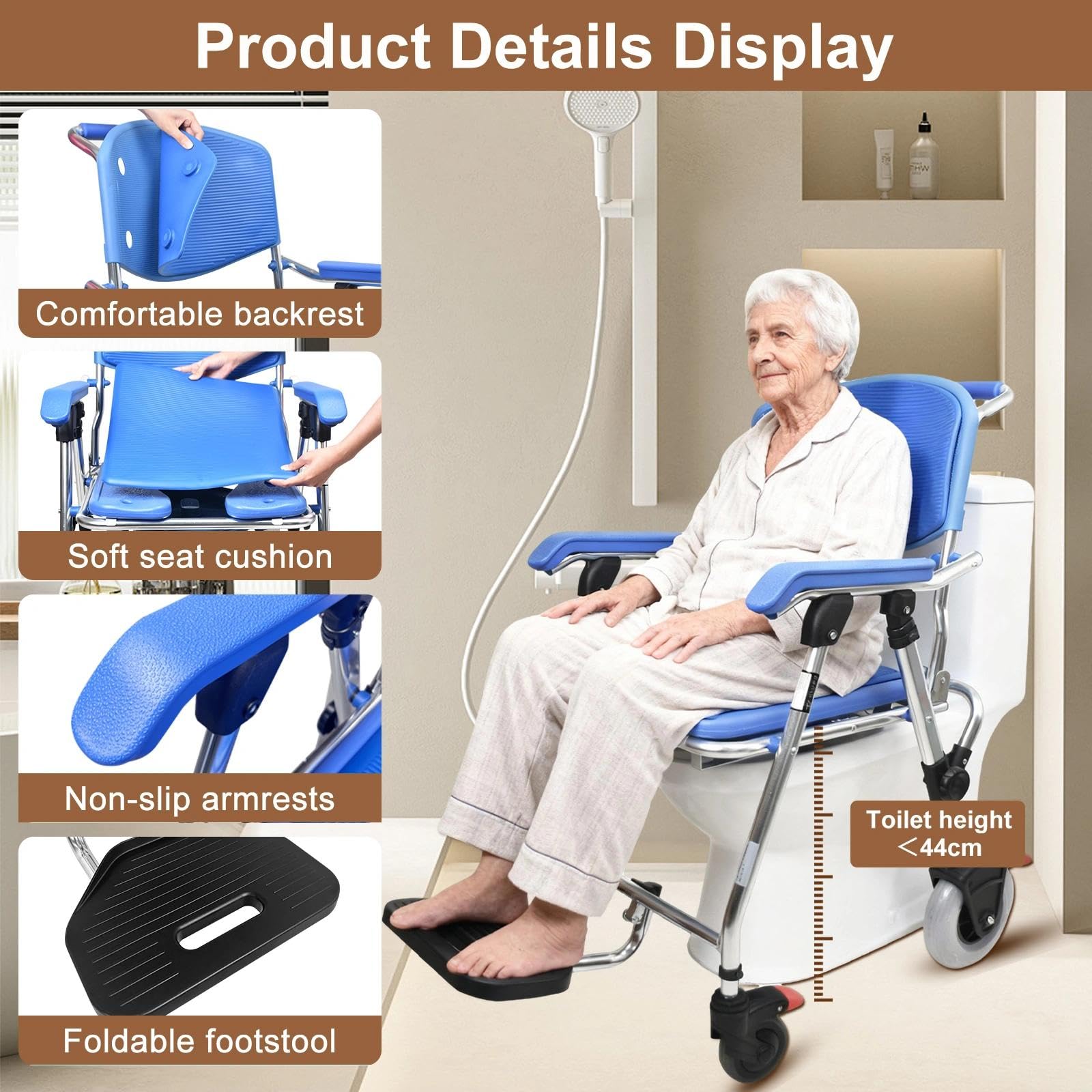 Sedia Comoda WC per Anziani con Rotelle, 3-in-1 Sedia a Rotelle Pieghevole per Anziani con WC, 150kg Blu Sedia Doccia Disabili con Ruote e Morbido Cuscino
