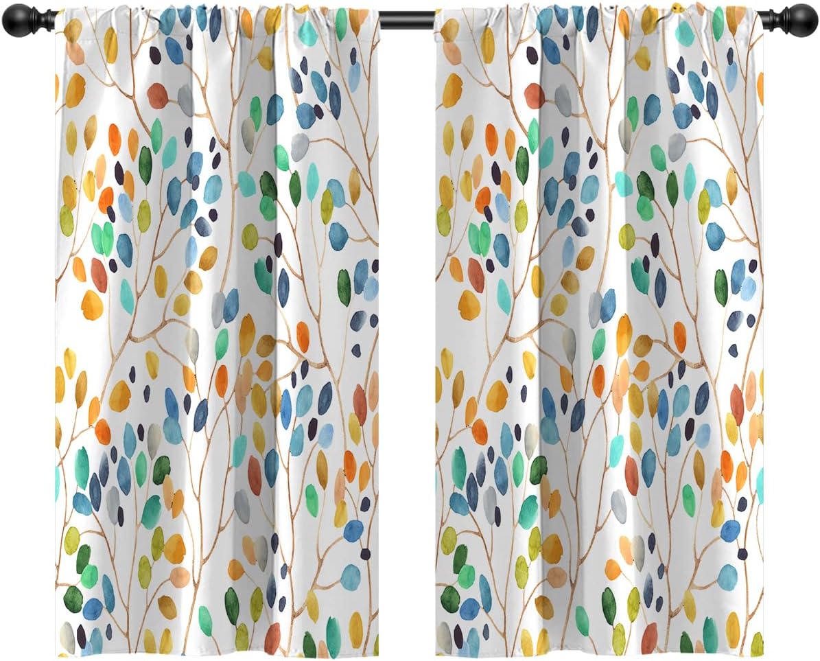 Colorful Kitchen Window Curtains Valance and Tiers Set Rod Pocket Small Short Mini Plant Floral Boho Watercolor Retro Vintage Drapes 3 Panel for Living Bedroom Decor 52x18 inch + 26x36 inch*2