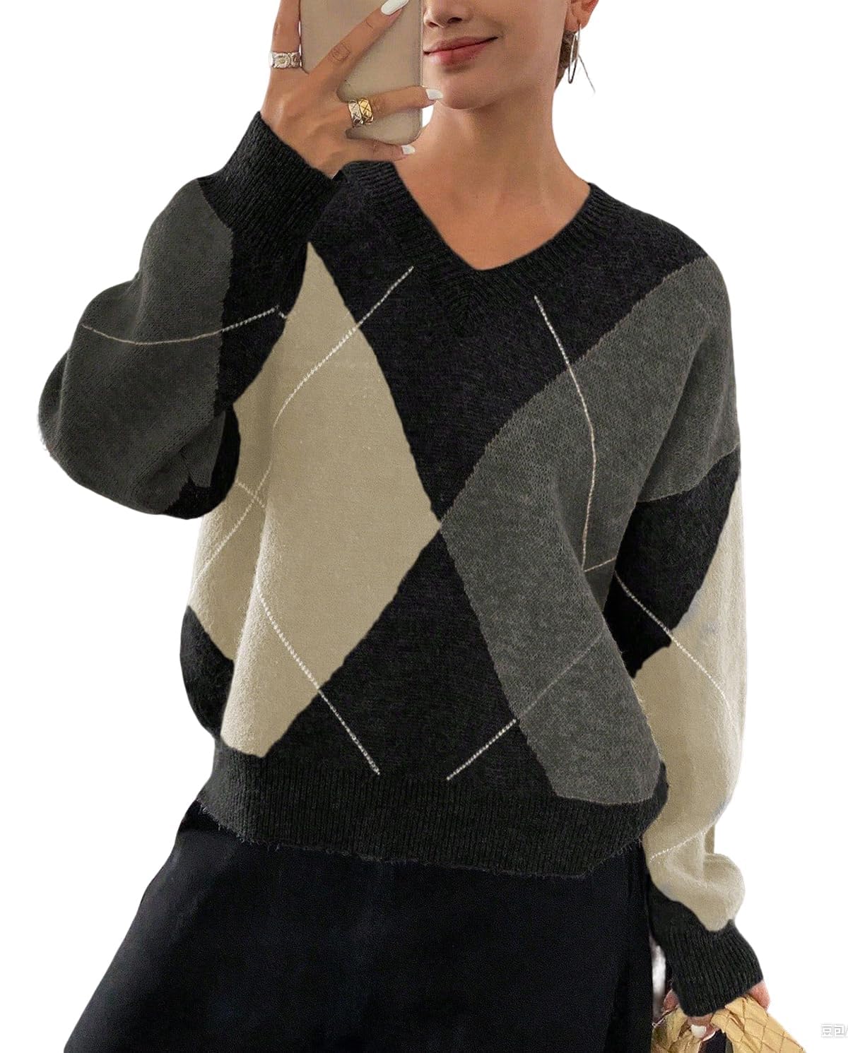 Womens Chunky Argyle Knit V Neck Sweater Fall Winter Trendy Cozy Long Sleeve Pullover Sweaters