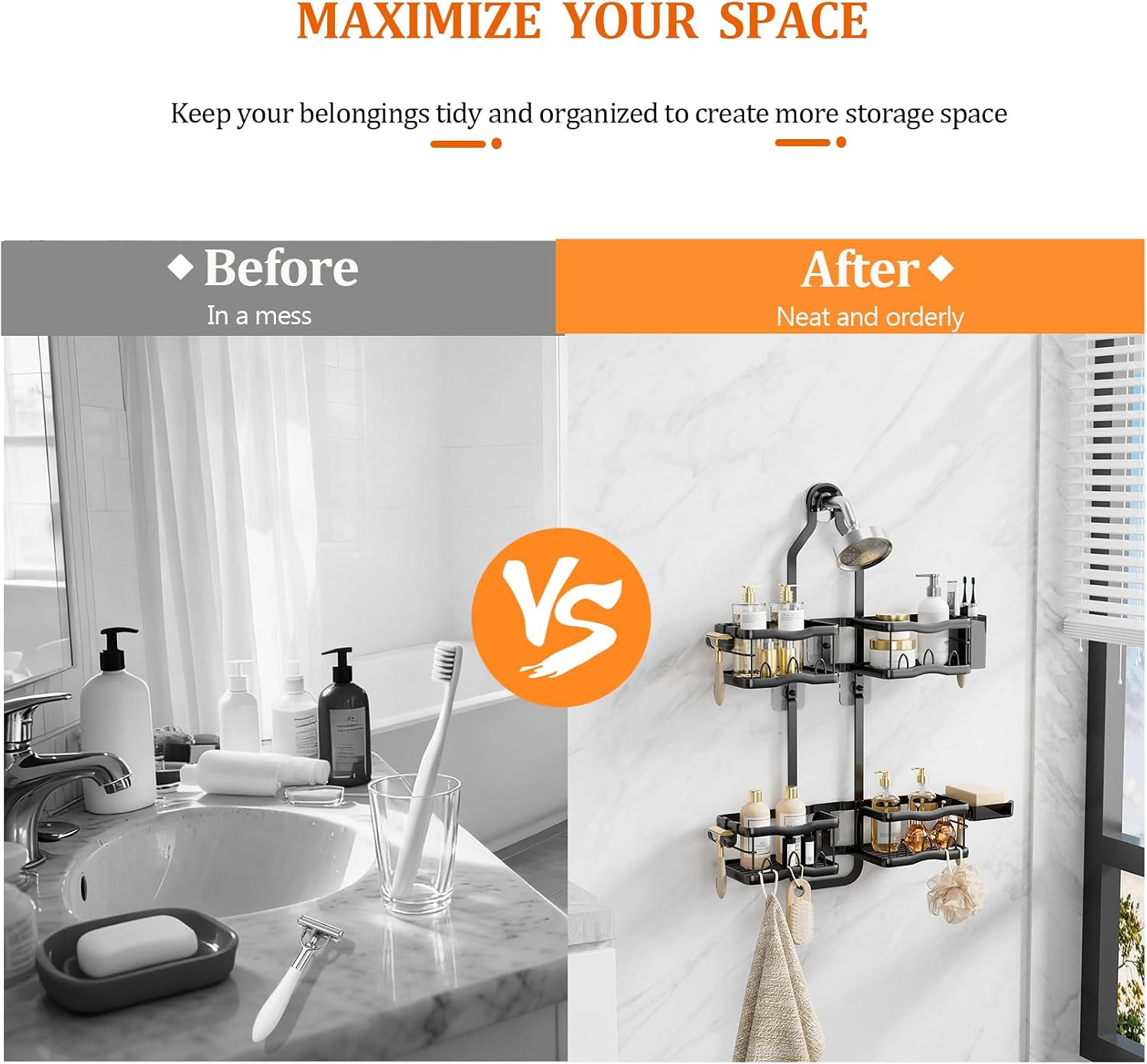 Shower Caddy Hanging Shower Head,Rustproof Hanging Shower Caddy Over Showerhead Bathroom Shower Caddies Shelf Organizer Rack For Sponge,Shampoo,Soap Storage,With Razor-Hooks,Black