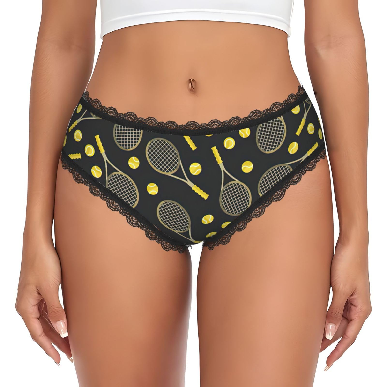 Divertente racchette da tennis e palline da tennis con stampa di mutandine da donna con bordo in pizzo, slip elasticizzati a copertura completa morbida e traspirante per un comodo uso