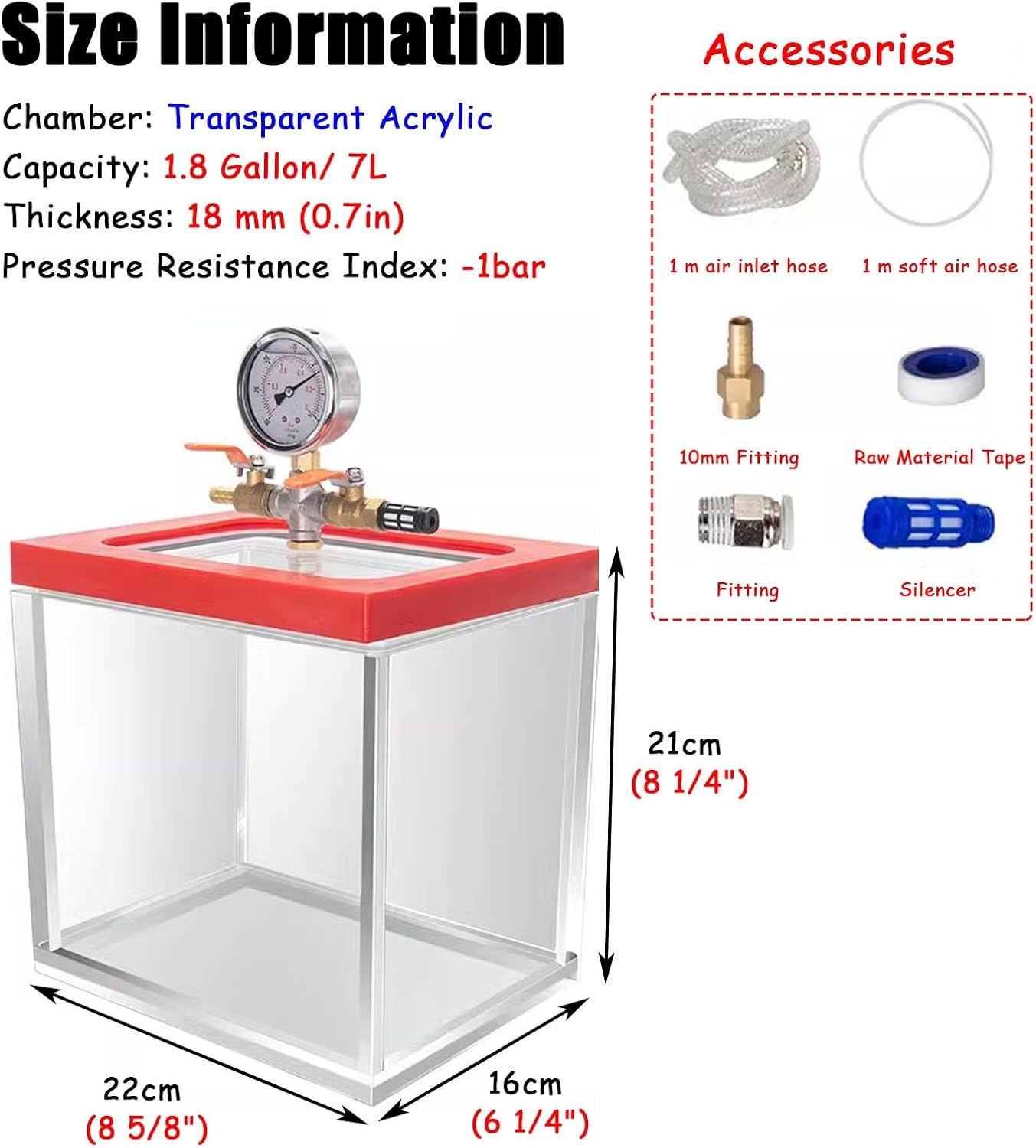 Vacuum Chamber 2 Gallon Acrylic Vacuum Chamber Clear, Resin Casting Degassing Tank Kit, Small Defoaming Pressure Pot for Lab, Vacuum Bubble Remover Box