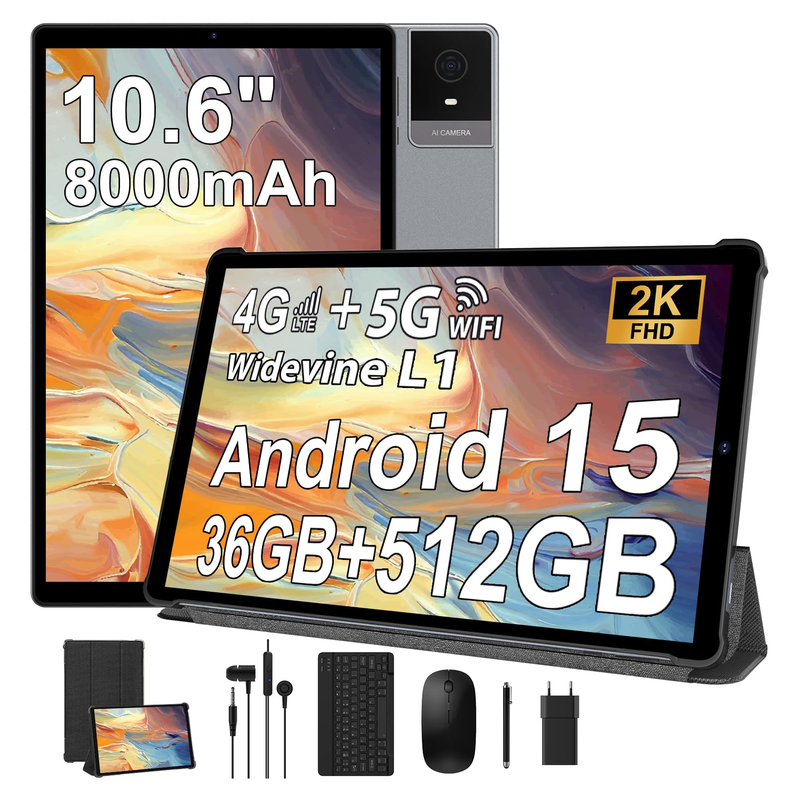 Tablette 10,6 Pouces avec Clavier, Android 15 Tablette 36Go RAM + 512Go ROM (TF 1TB), 4G LTE+5G WiFi, IPS 2K HD, 8000mAh, Octa-Core, 13MP+8MP, Bluetooth 5.0, Tablet avec Housse & Souris, Gris