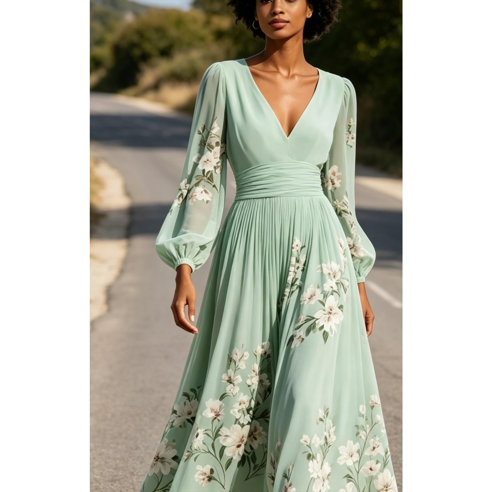 Abito da donna con scollo a V a maniche lunghe stampato a pieghe a vita alta Big Swing A-Line Maxi Abiti Femme Holiday Party