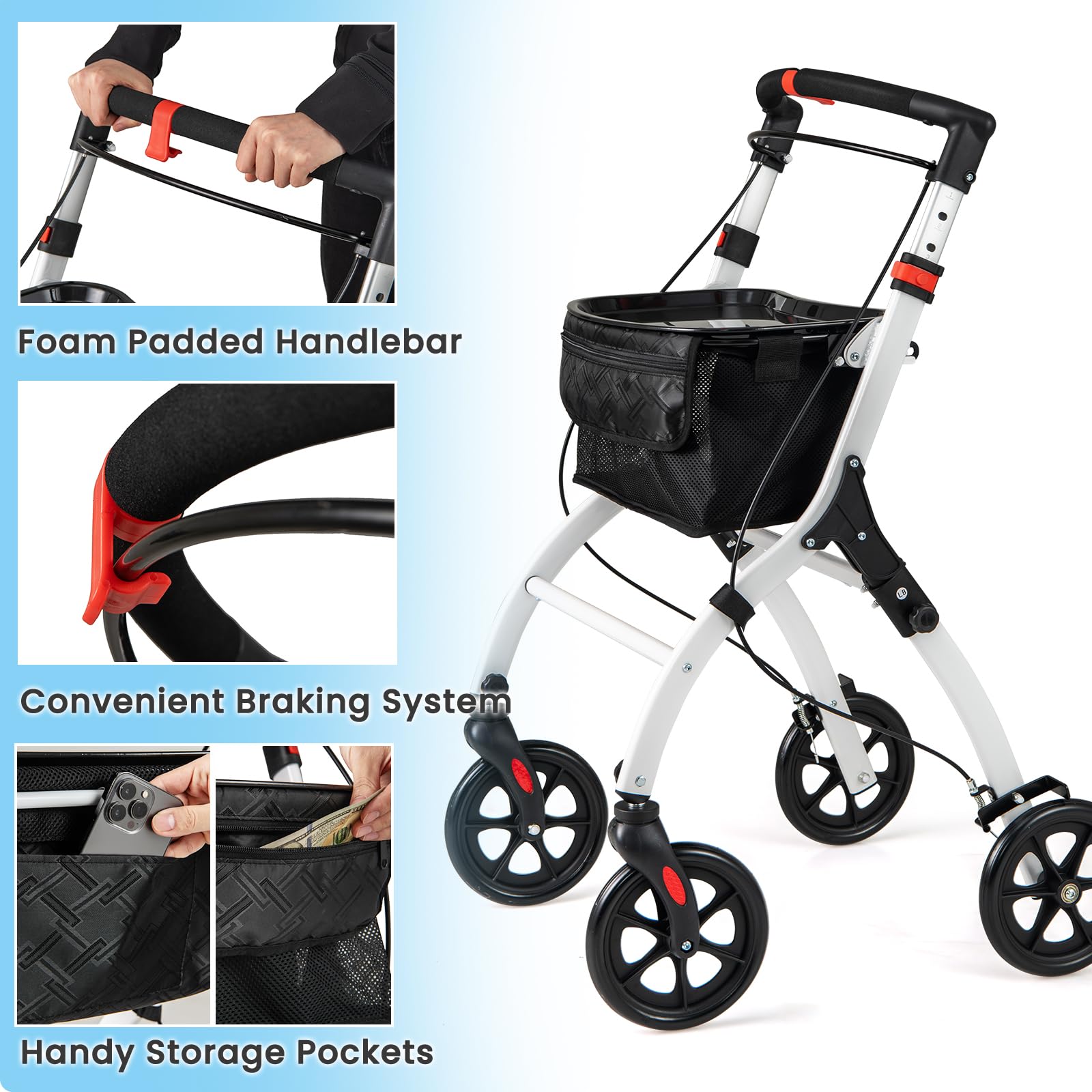 HOMASIS Deambulatore per Anziani con 4 Ruote, Carrello Anziani per Camminare con Borsa di Stoccaggio e Vassoio, Rollator Deambulatore Pieghevole e Regolabile in Altezza per Interni e Esterni