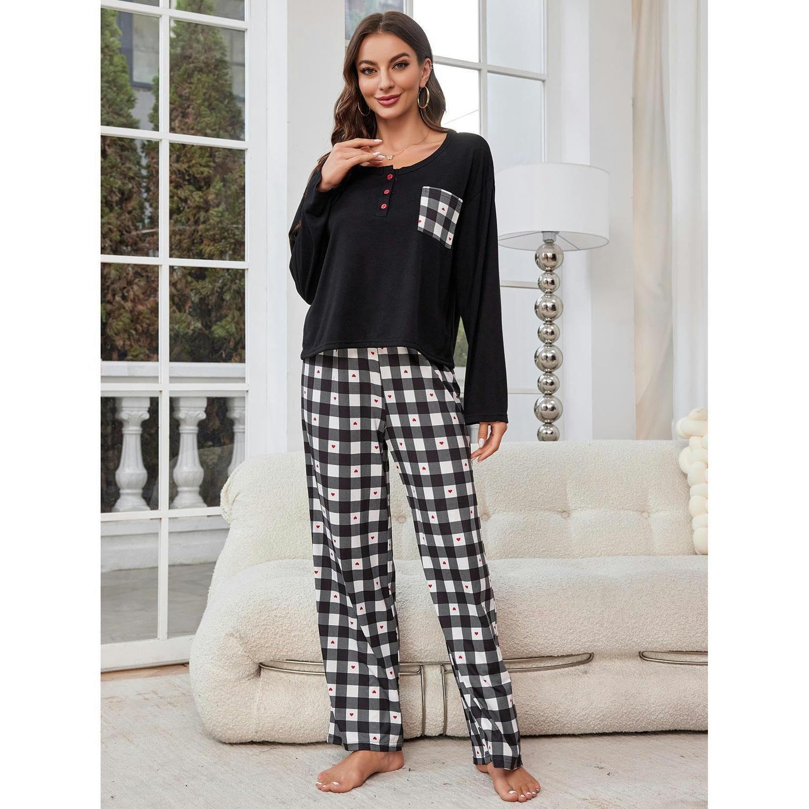 Pigiama Donna Cotone Pigiama da Donna Primavera E Autunno A Manica Lunga A Pianta U Tasca Tascabile Vestiti per La Casa A Due Pezzi Set-23009-nero-s