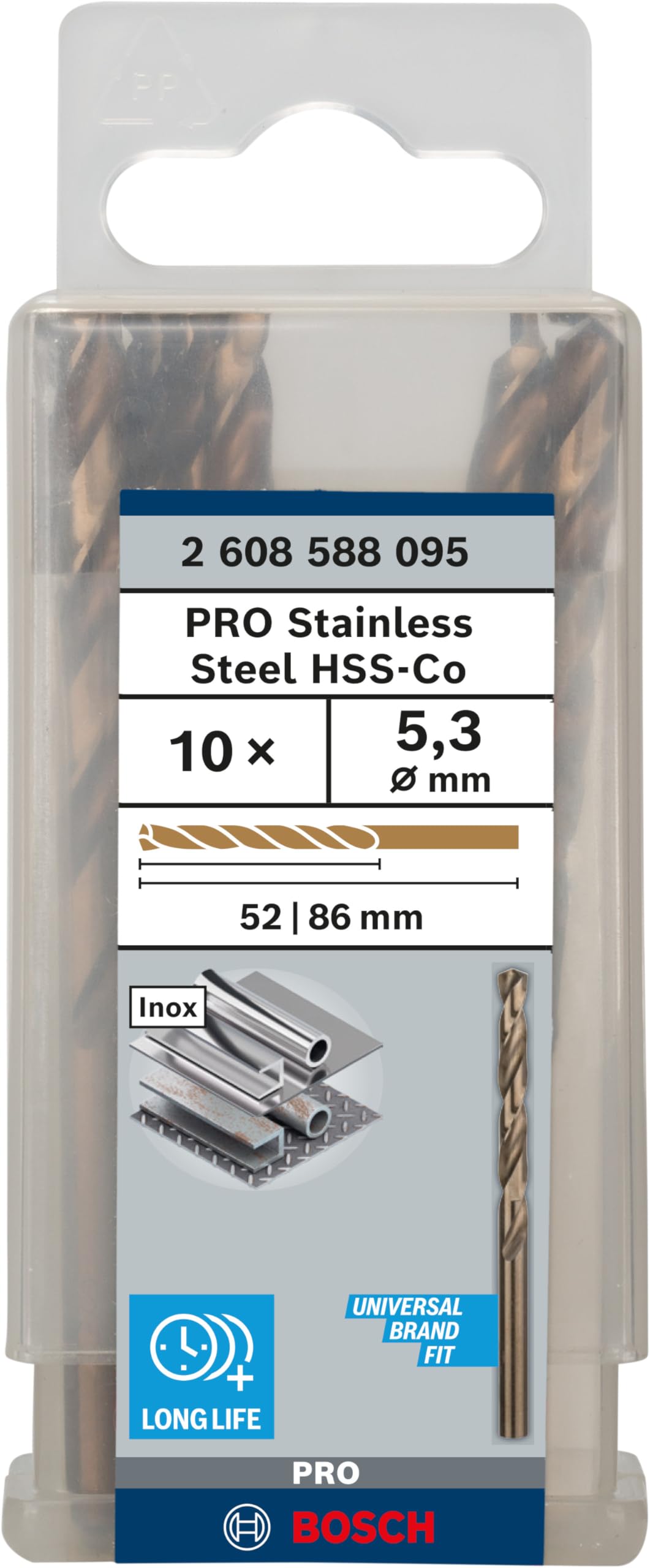 Bosch 10x PRO Stainless Steel HSS-Co Spiralbohrer (für Stahl, Edelstahl, Ø 5,30 mm, Professional Zubehör Bohrmaschine/Schrauber)