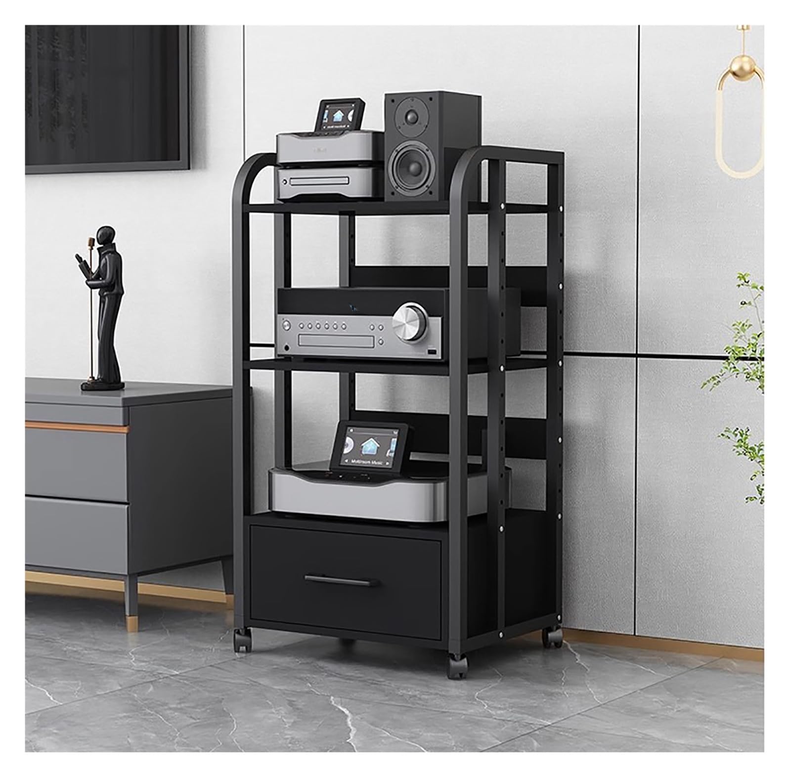 JYHHCYS Home Stereo Rack System with Height-Adjustable Shelf & Wheels, Heavy Duty Audio/Video Component Cabinet for Amplifiers/Players/TV Accessories (Color : 3 Tier-with drawer-100cm)