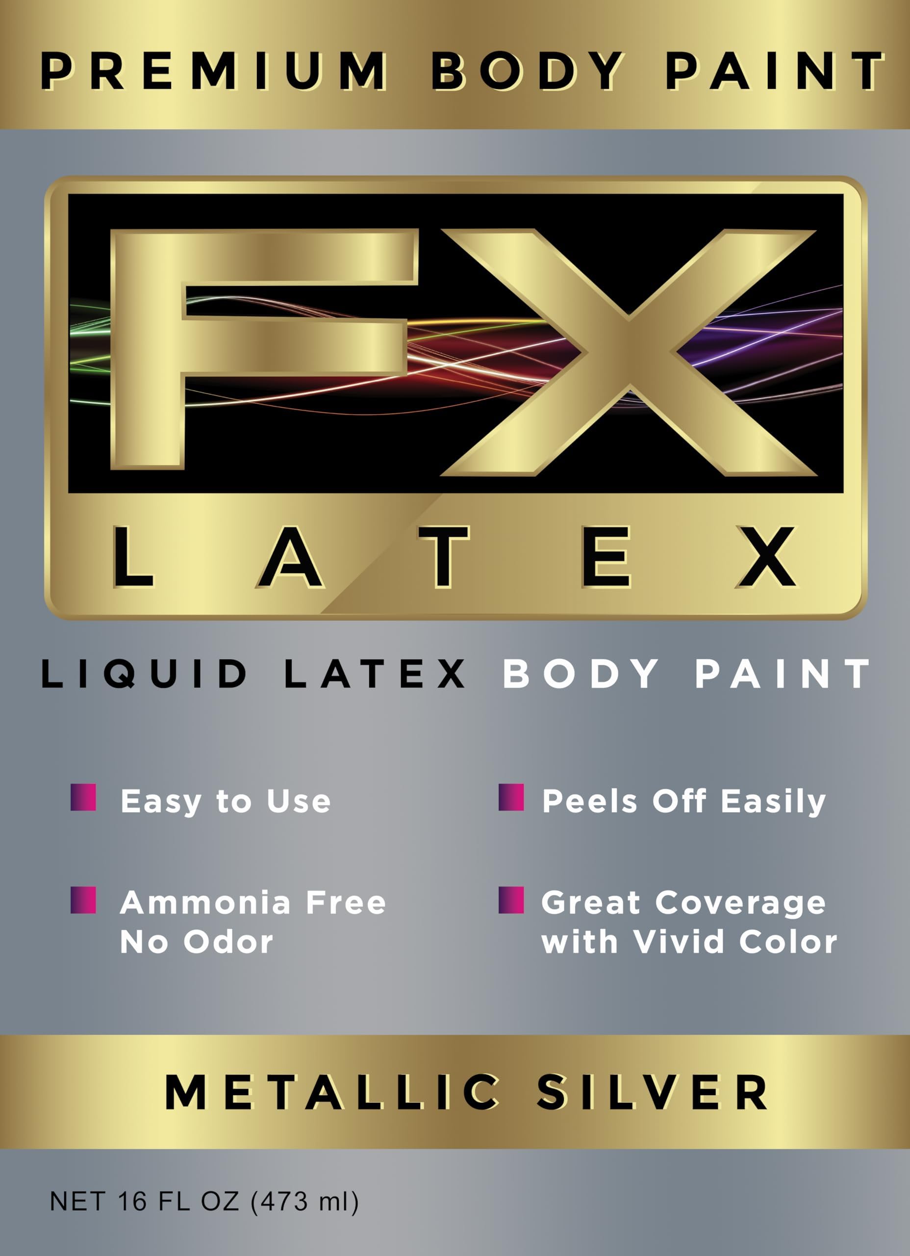 Liquid Latex - Face and Body Paint, Ammonia Free, Easy On and Off, Cosplay Makeup, Create Professional Monster, Zombie Arts 16 Oz (Metallic Silver)