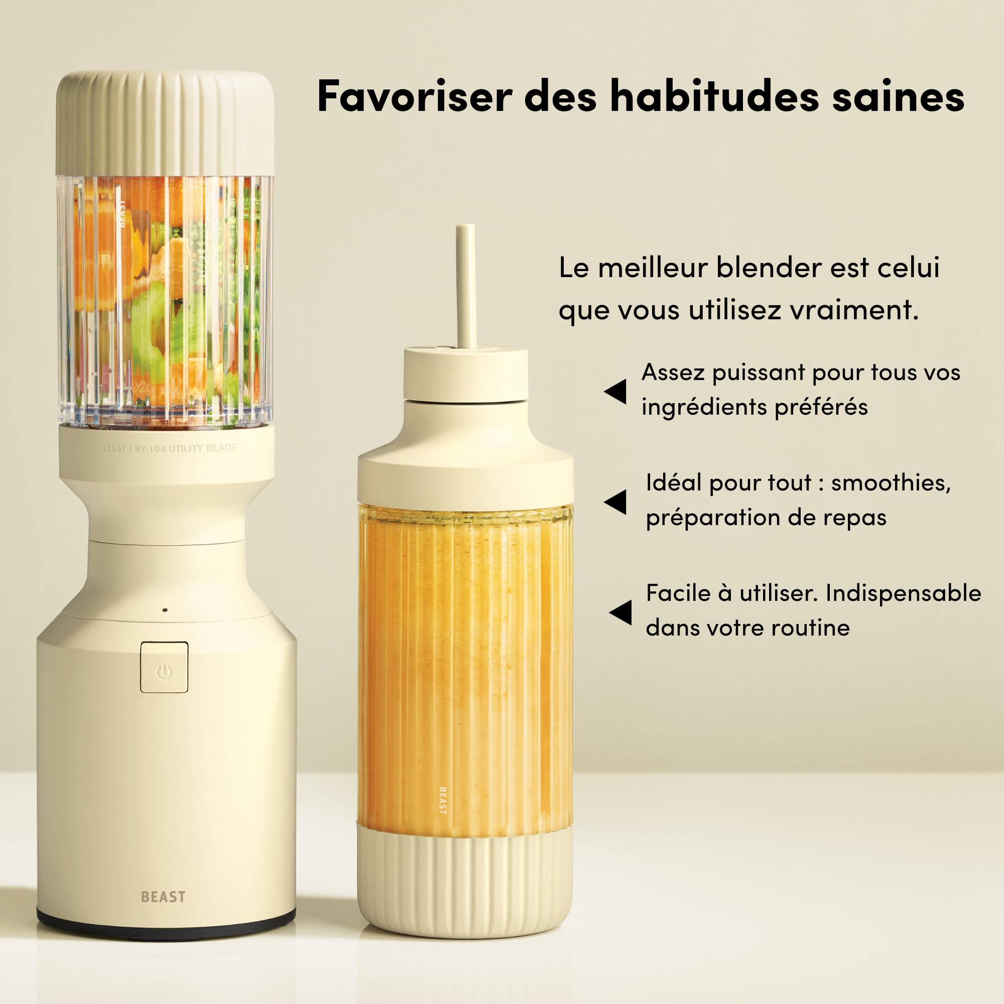 BEAST Blender smoothie 850W - Mixeur haute performance avec 3 bouteilles portables en Tritan - 785 ml - Couvercles et lames en acier inoxydable - Smoothie maker pour milkshakes, sauces et plus - Sable