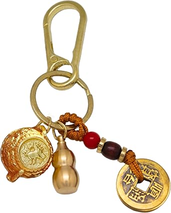 Feng Shui Spin to Win KeychainPortable abundance charm with a Mini Wealth Pot,12 Zodiacs,Five Coins,Obsidian,and Lucky Gourd
