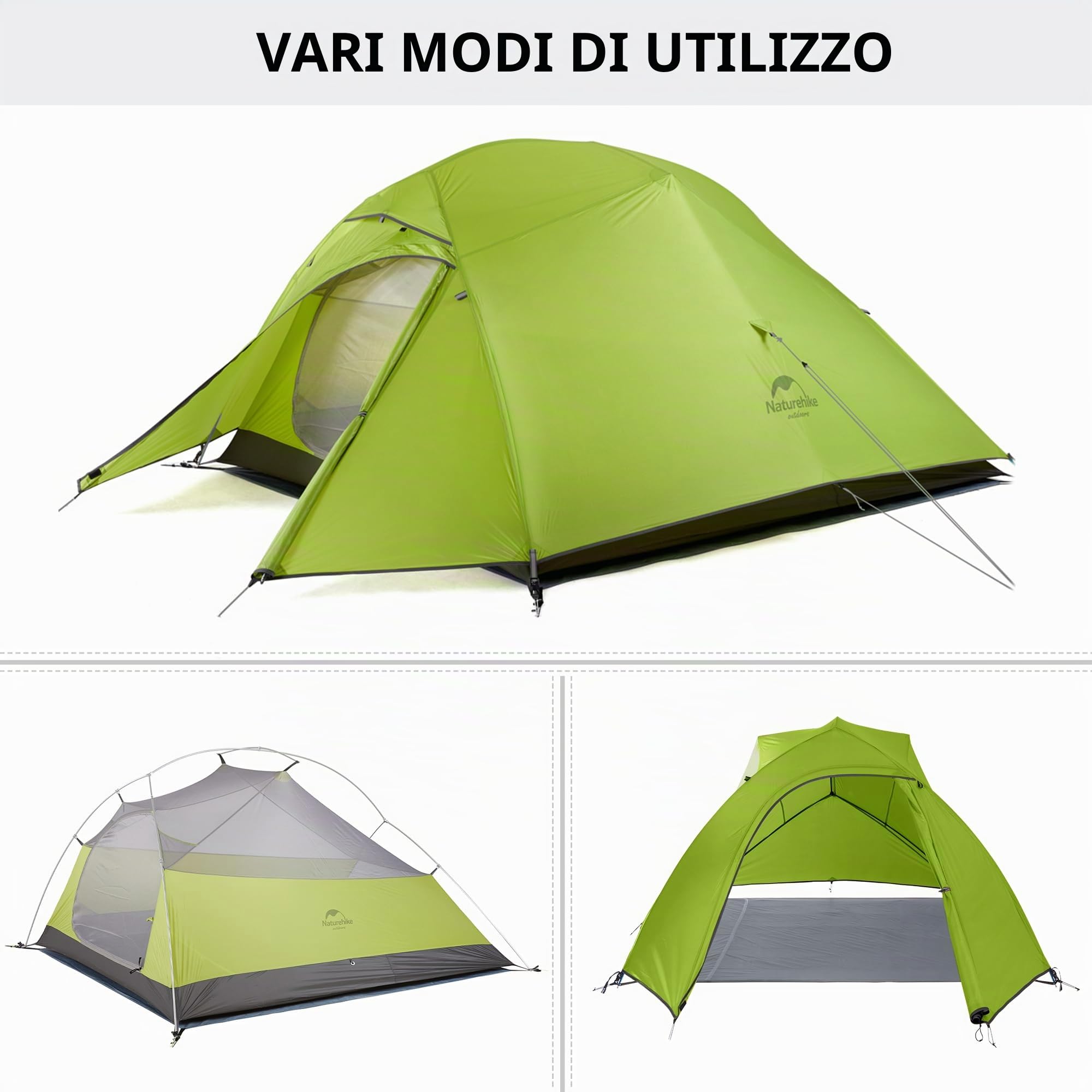 Naturehike Cloud-Up 3 Tenda Ultraleggera 3 Persone Tenda Zaino in Spalla per Escursionismo Campeggio All'aperto (20D Verde Chiaro Aggiorna)