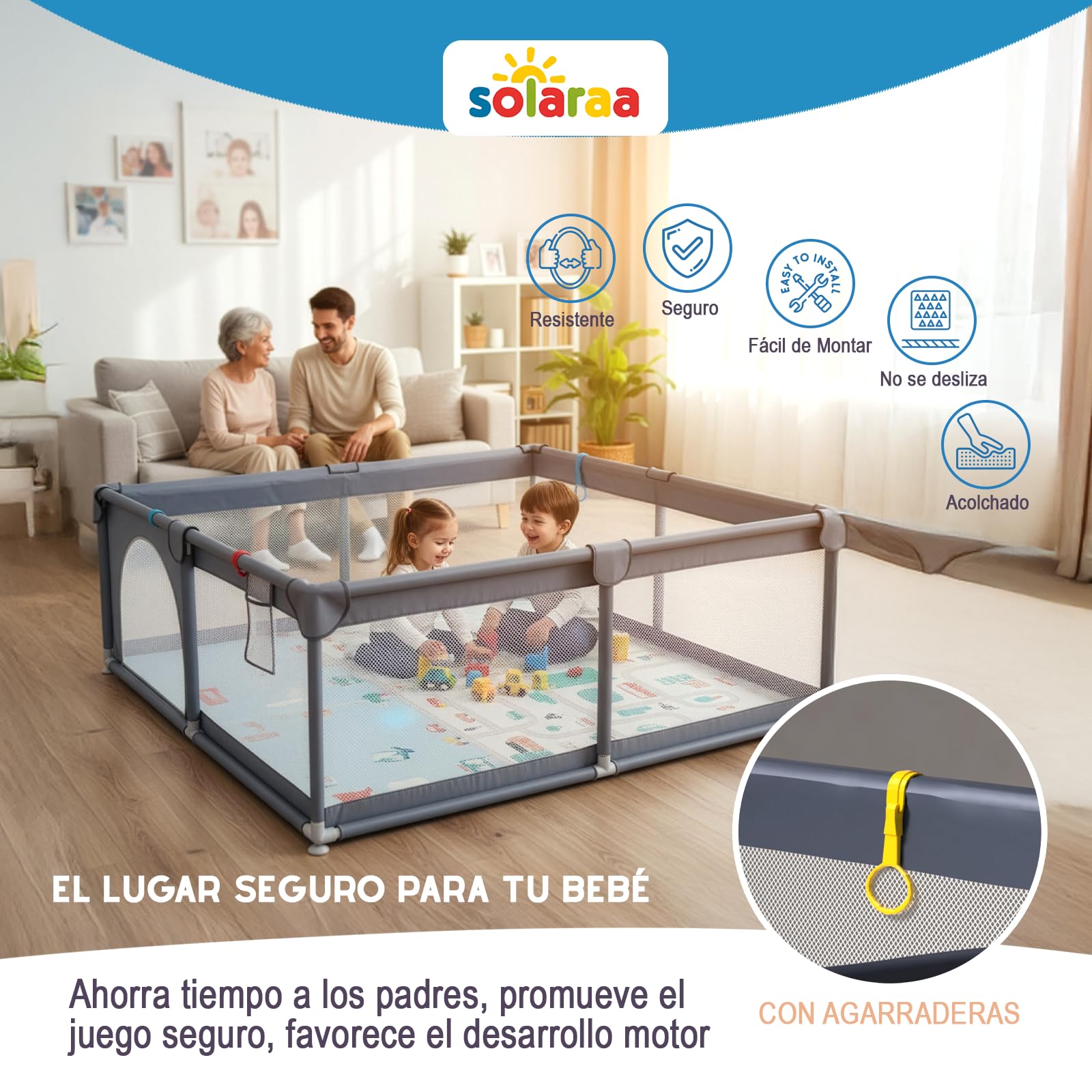 Corralito Bebé XL 150×180 cm + Alfombra Acolchada Reversible+6 Asas de Agarre + Bolsa de Transporte | guia didactica infantil+Contraste Libros de Tela Bebé