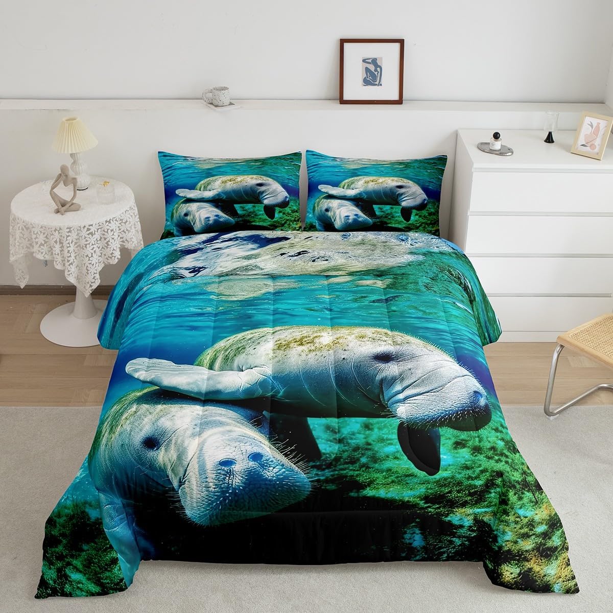 Erosebridal Kawaii Manatees Comforter Set Twin Size, Ocean Animals Bedding for Adult, Ocean Floor Themed Room Decor Cute Marine Life Bedding Comforter Sets, Blue Green Water Duvet Insert